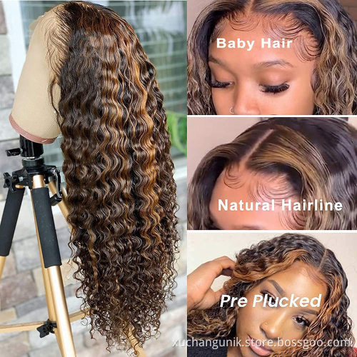 Uniky Glueless Honey Brown Blonde Highlight Color Deep Wave Brazilian Virgin Human Hair Lace Wigs For Black Woman